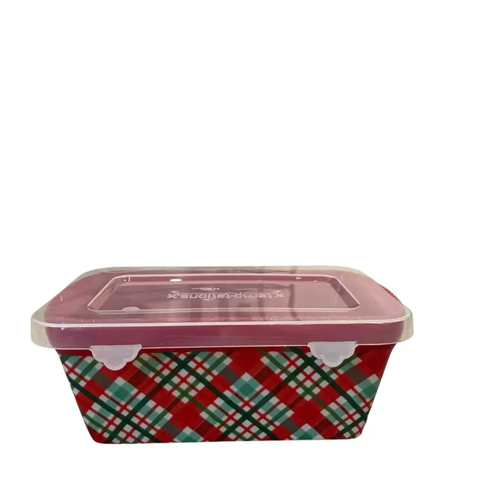 Temptations by Tara Mini Ceramic Loaf Pan w/ Lid 12oz Holiday Plaid Red Green